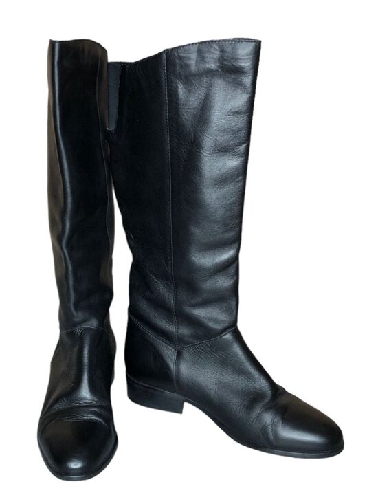 J C Penny Shoes - Leather Boots Black Womens 7M J C Penny Pull On Almond Toe Block Heel Mid Calf